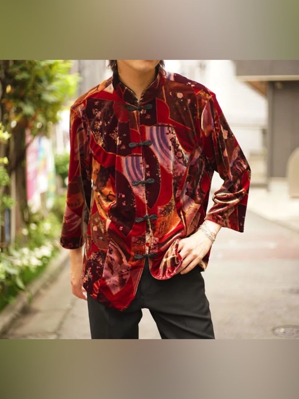 VTG Clio Women Large Mandarin Collar Button Front Velvet Long Sleeve Blouse Top